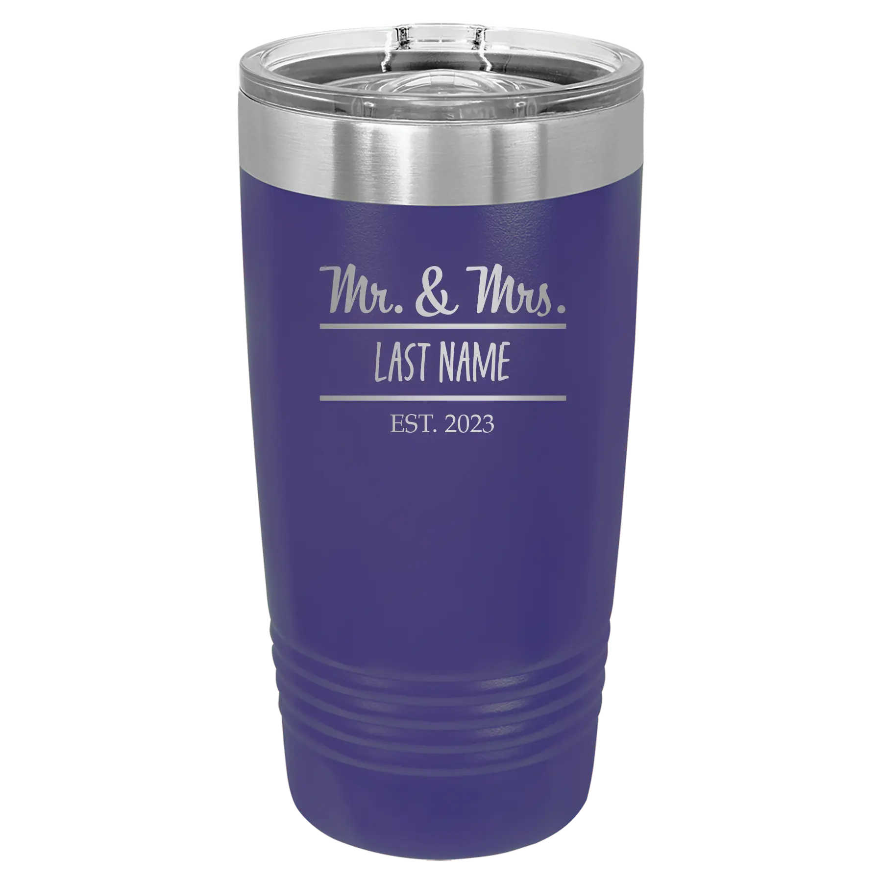 Personalized purple 20 oz vacuum insulated tumbler with 'Mr and Mrs' design
