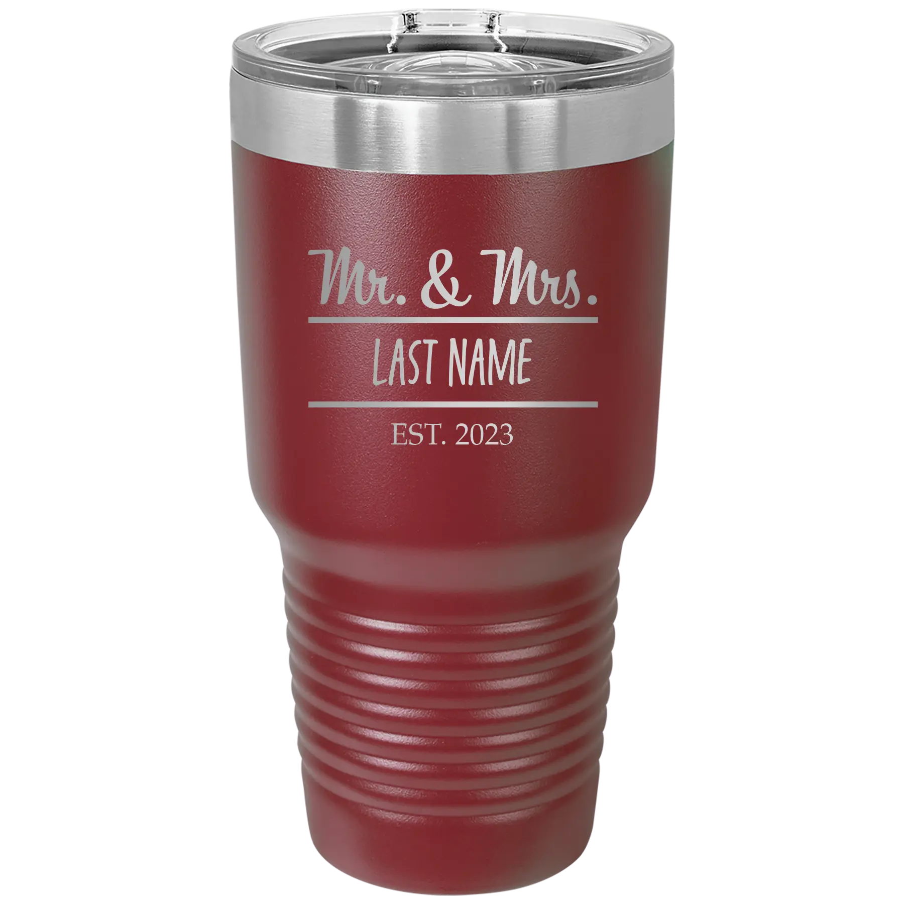 Personalized maroon 30 oz vacuum insulated tumbler with 'Mr and Mrs' design