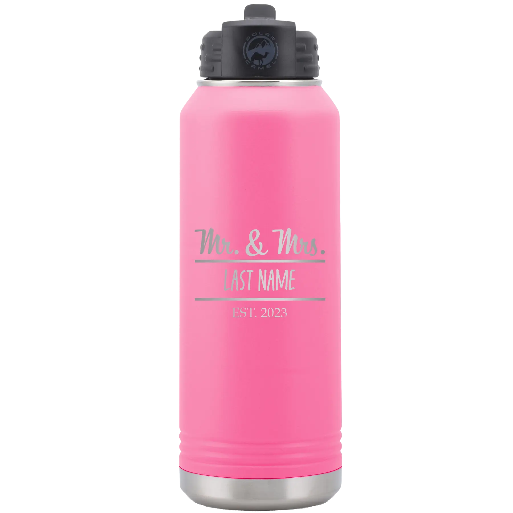 Personalized pink 32 oz vacuum insulated water bottle with 'Mr and Mrs' design