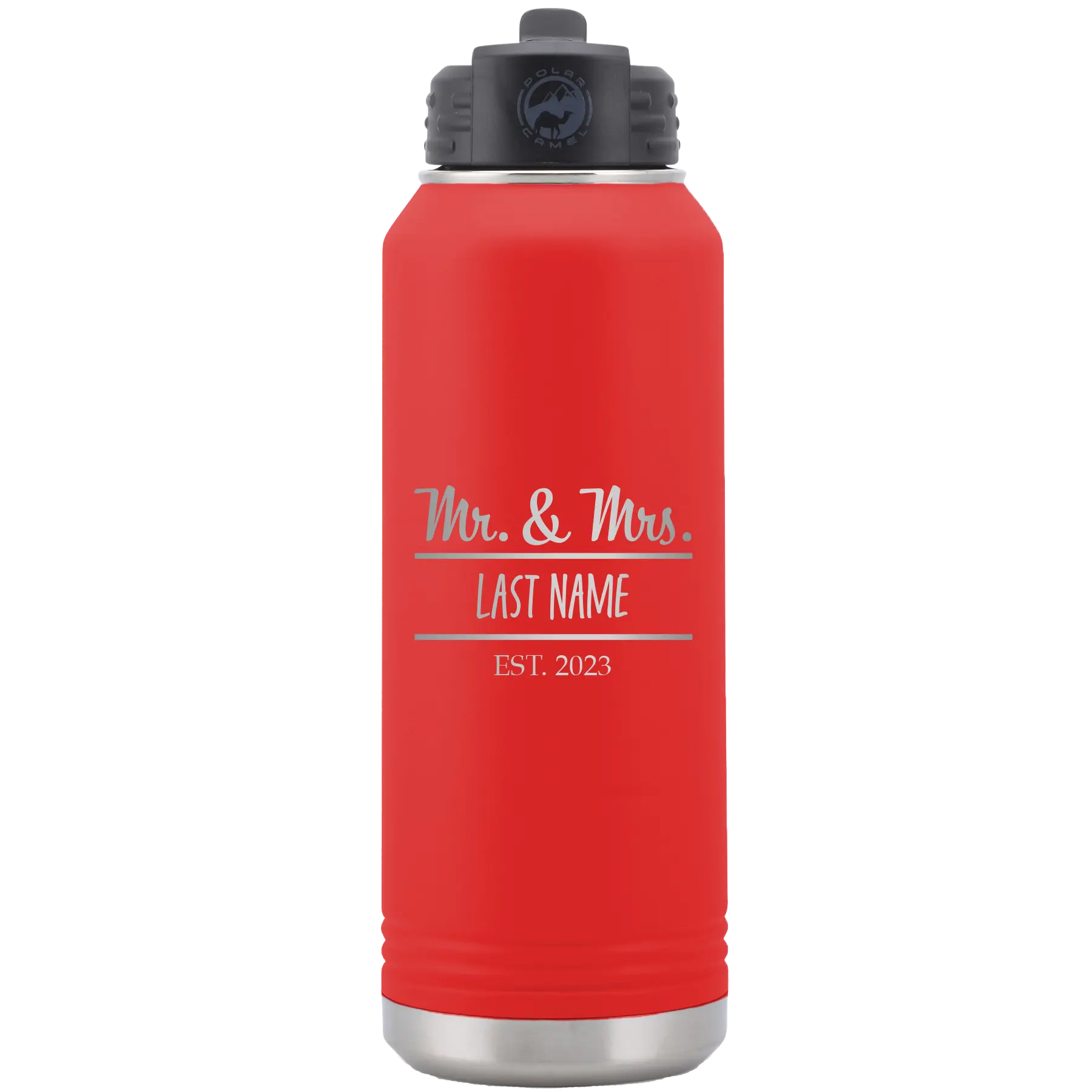 Personalized red 32 oz vacuum insulated water bottle with 'Mr and Mrs' design