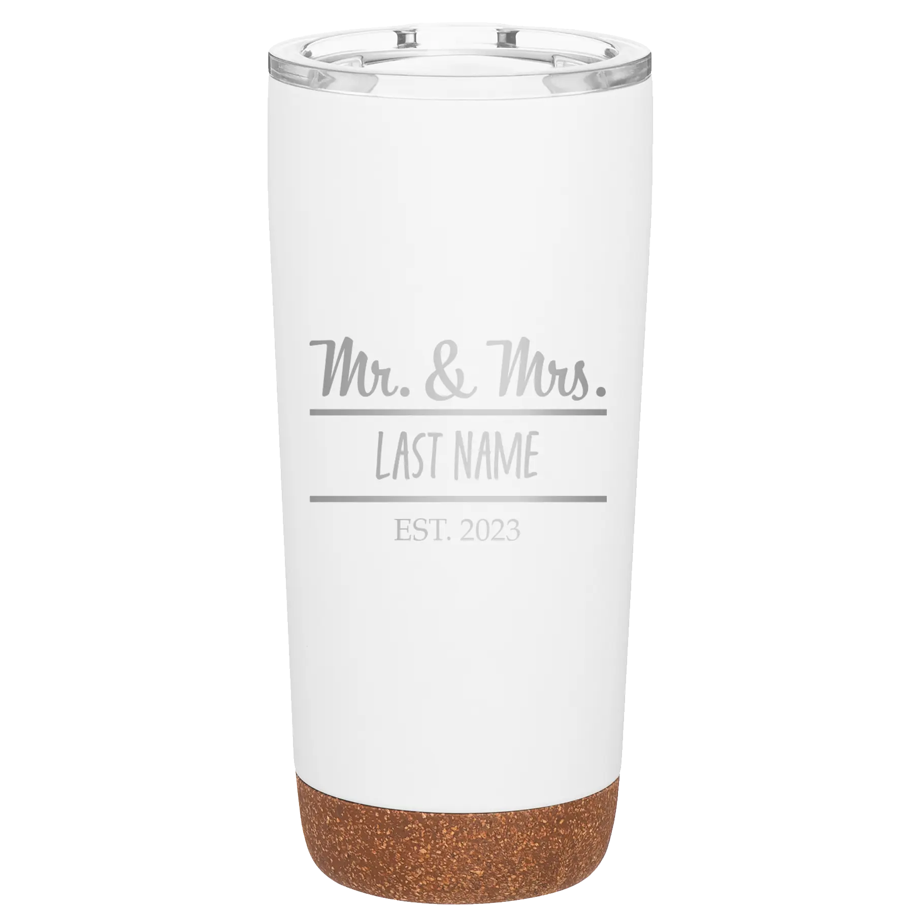 Personalized white 20 oz vacuum insulated tumbler with 'Mr and Mrs' design