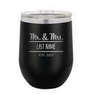 Personalized black 12 oz vacuum insulated wine cup with 'Mr and Mrs' design