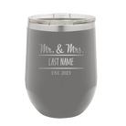 Personalized dark gray 12 oz vacuum insulated wine cup with 'Mr and Mrs' design