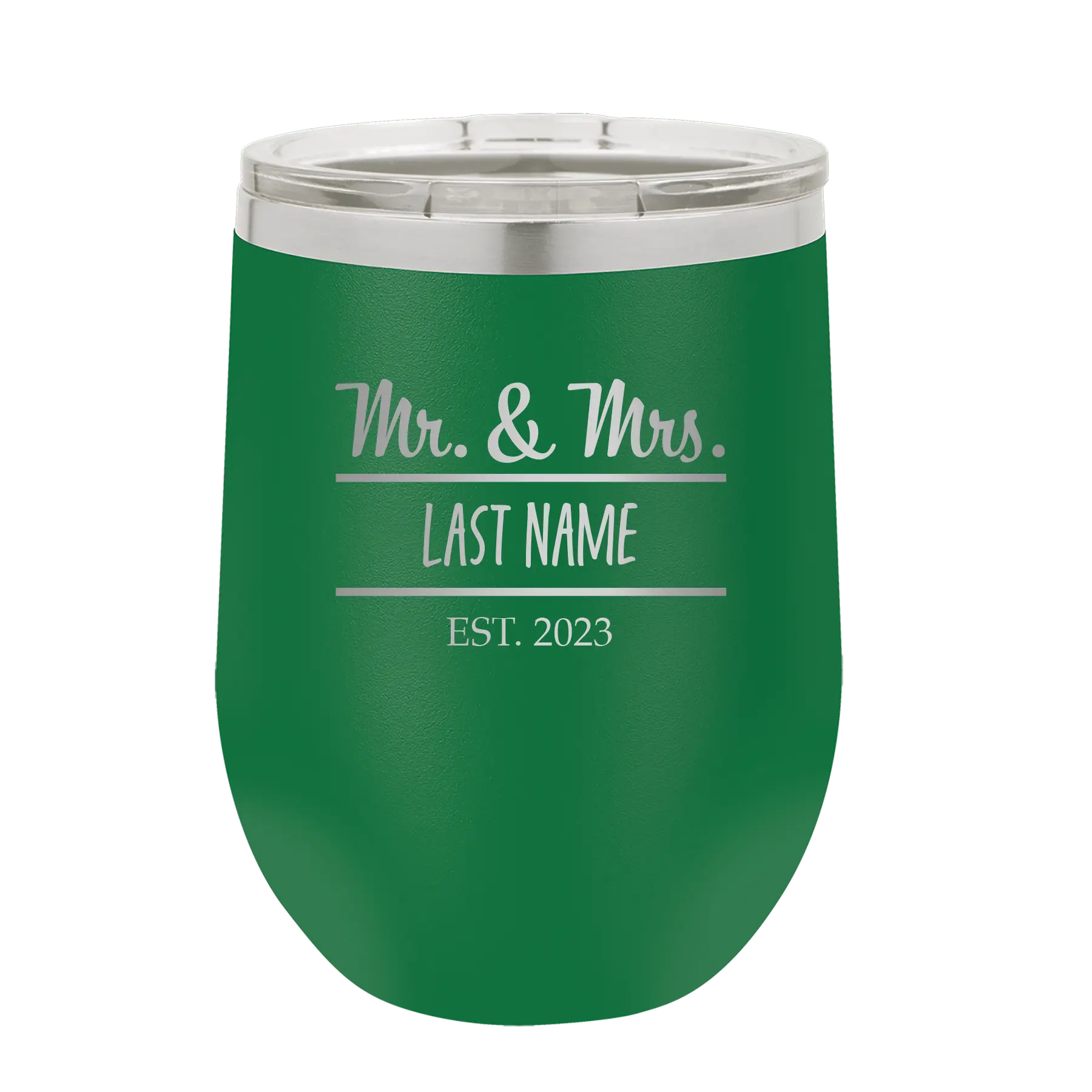 Personalized green 12 oz vacuum insulated wine cup with 'Mr and Mrs' design