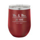 Personalized maroon 12 oz vacuum insulated wine cup with 'Mr and Mrs' design