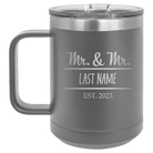 Personalized dark gray 15 oz vacuum insulated coffee mug with 'Mr and Mr' design