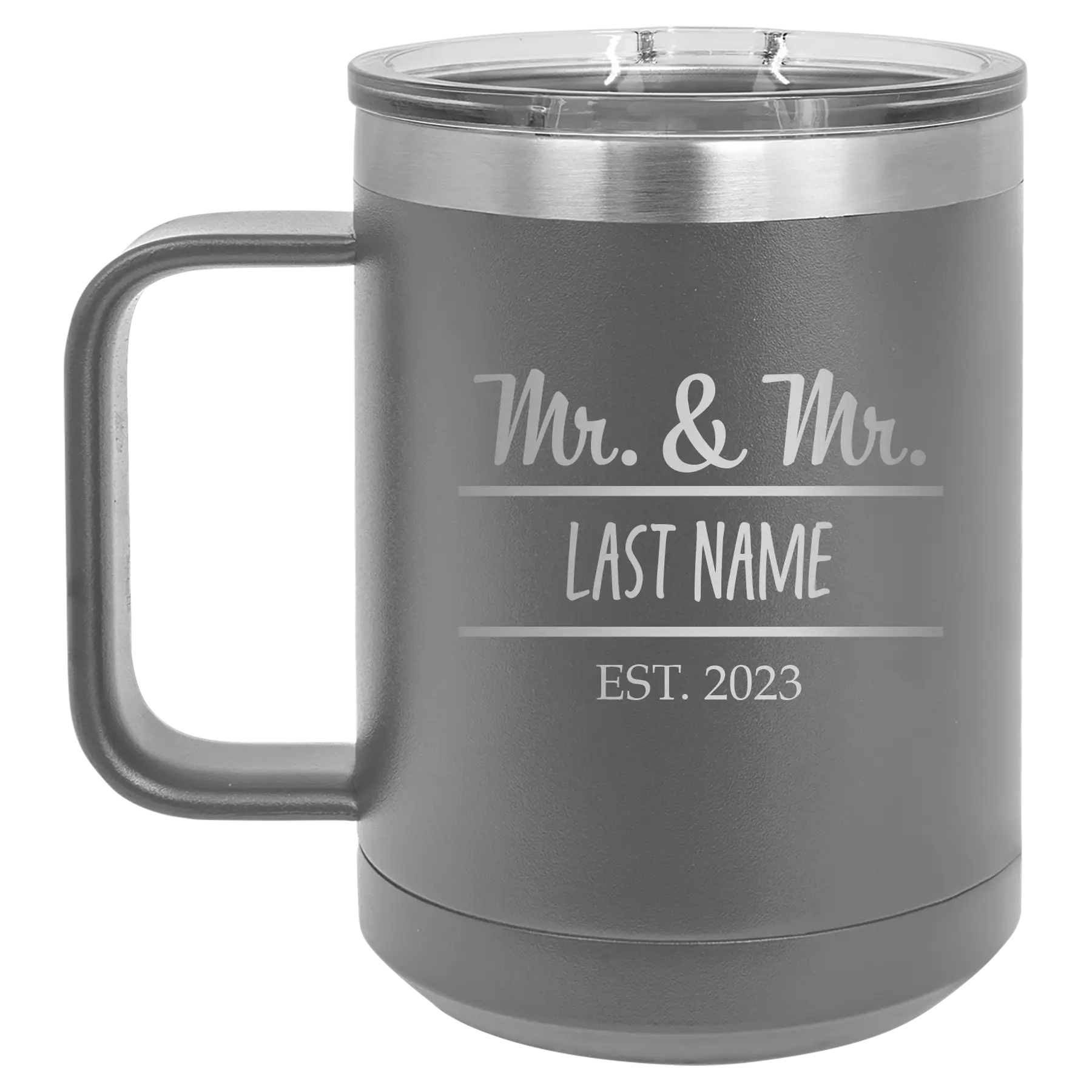 Personalized dark gray 15 oz vacuum insulated coffee mug with 'Mr and Mr' design