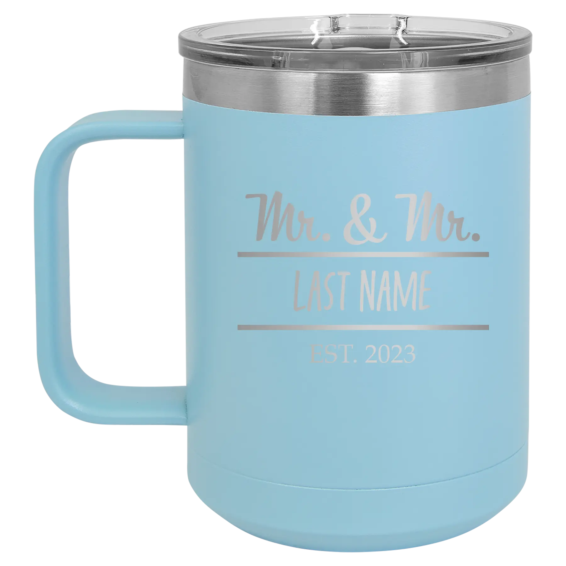 Personalized light blue 15 oz vacuum insulated coffee mug with 'Mr and Mr' design