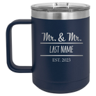 Personalized navy 15 oz vacuum insulated coffee mug with 'Mr and Mr' design