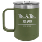 Personalized olive green 15 oz vacuum insulated coffee mug with 'Mr and Mr' design