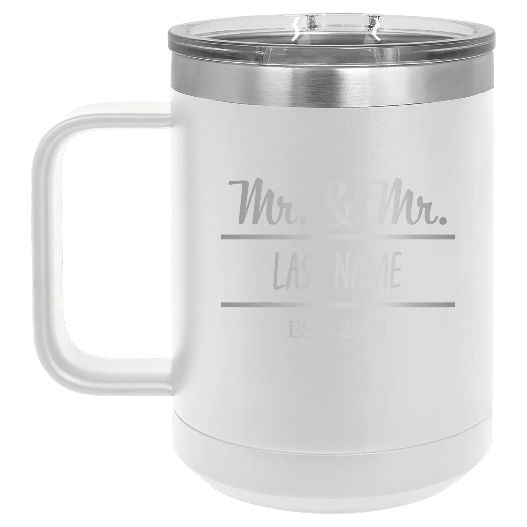 Personalized white 15 oz vacuum insulated coffee mug with 'Mr and Mr' design