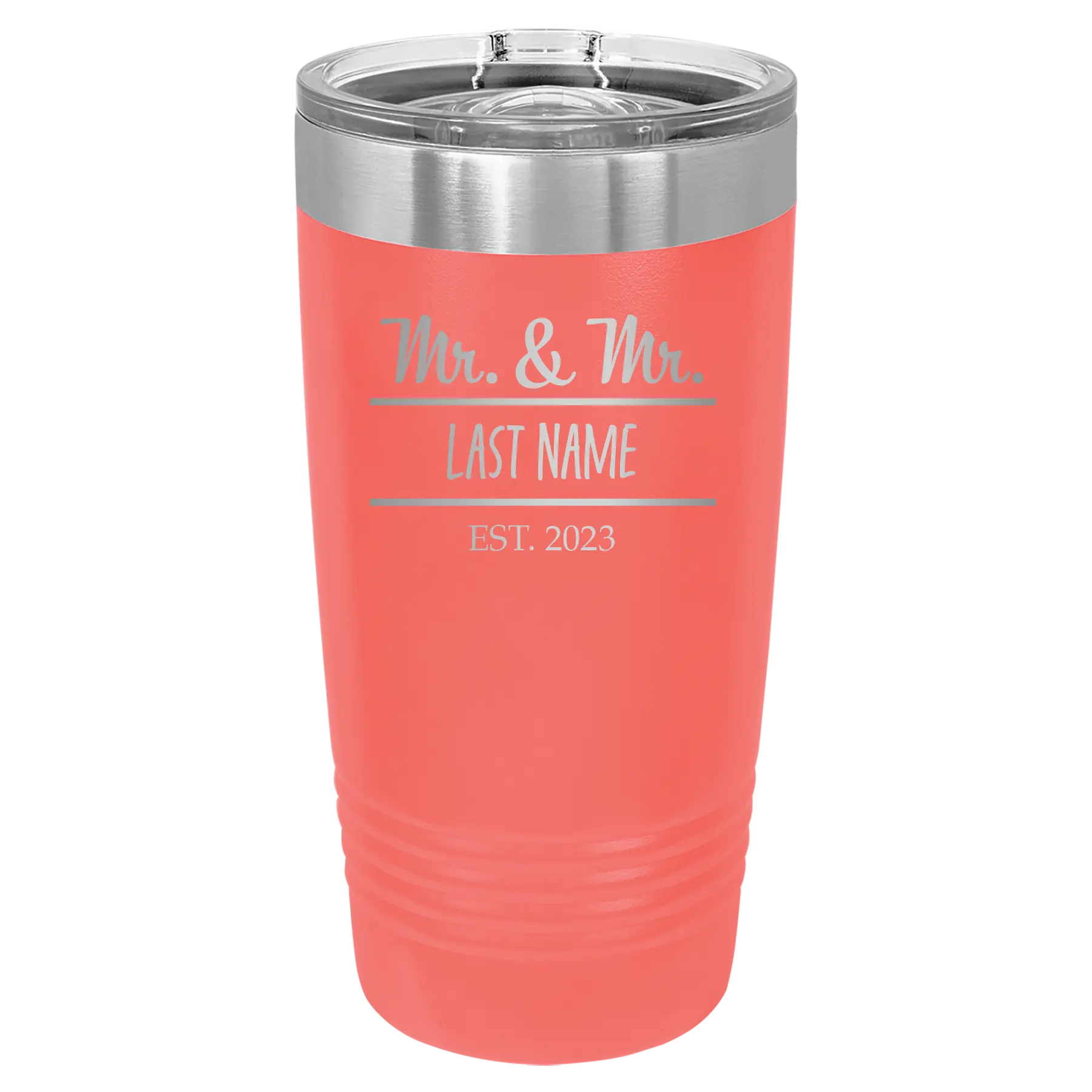 Personalized coral 20 oz vacuum insulated tumbler with 'Mr and Mr' design