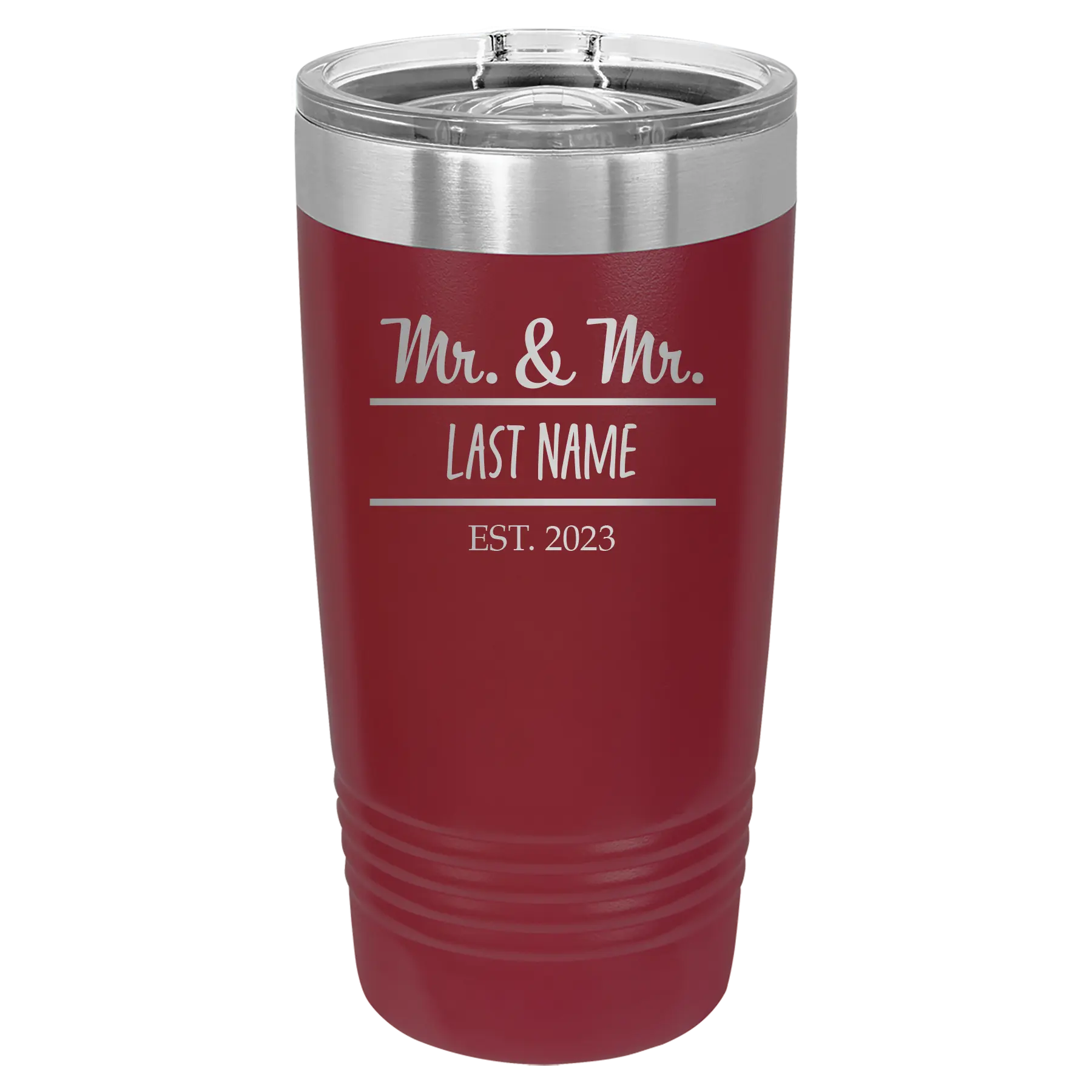 Personalized maroon 20 oz vacuum insulated tumbler with 'Mr and Mr' design