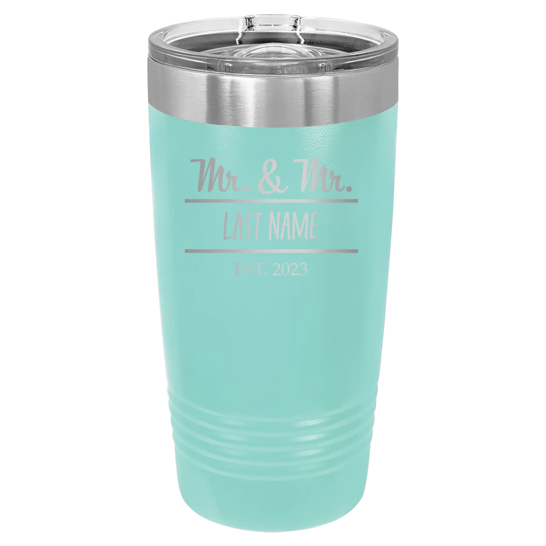 Personalized teal 20 oz vacuum insulated tumbler with 'Mr and Mr' design