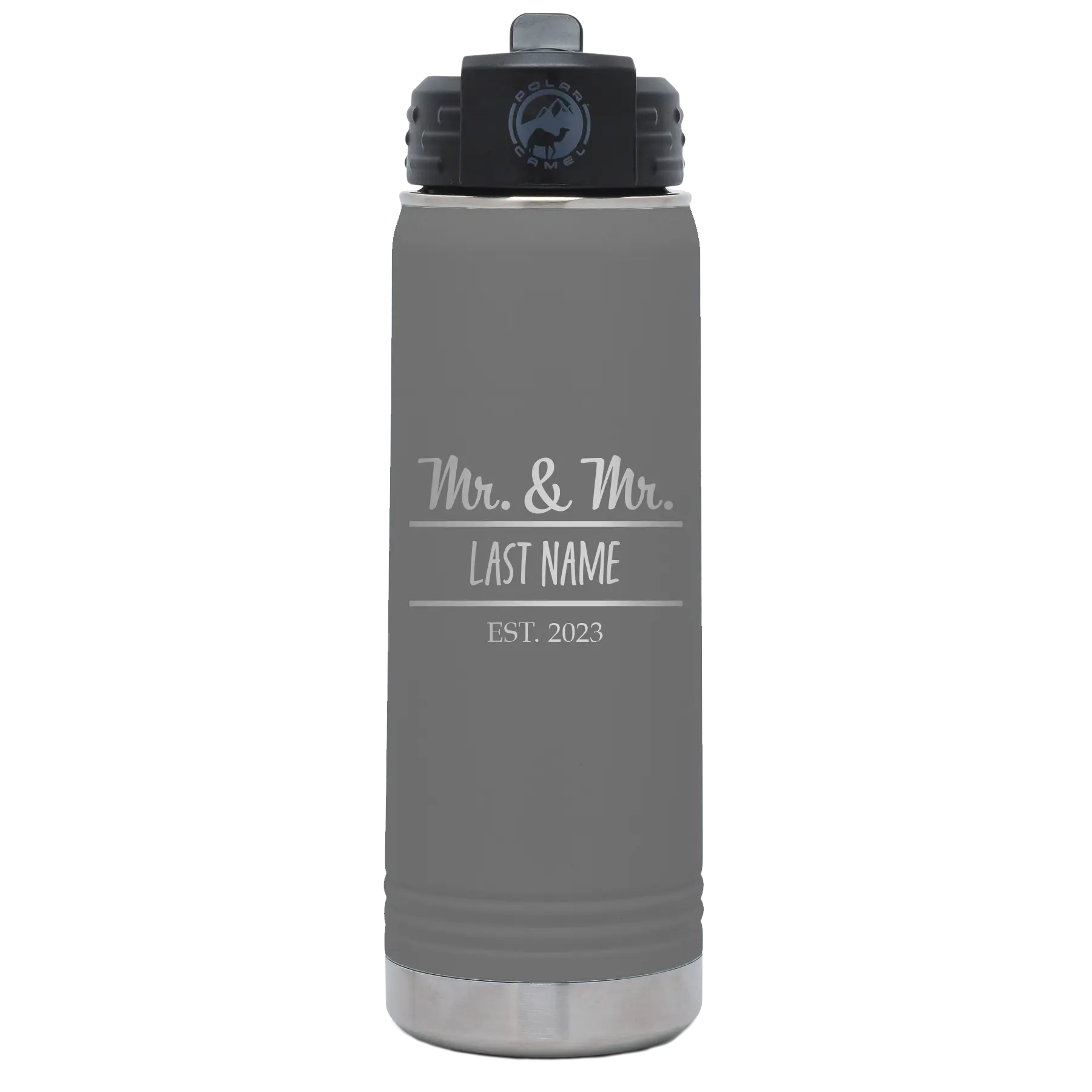Personalized dark gray 20 oz vacuum insulated water bottle with 'Mr and Mr' design