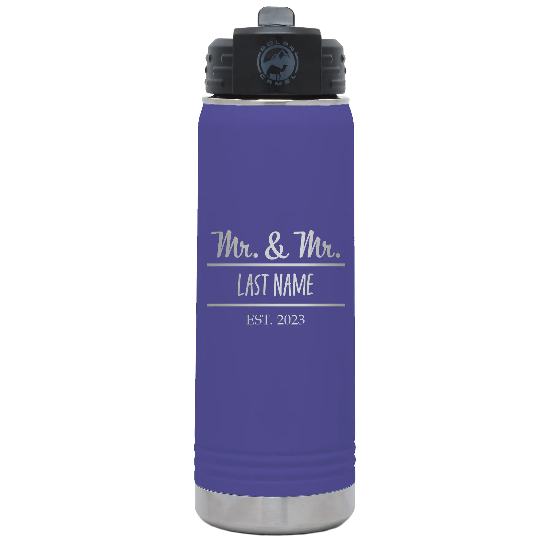 Personalized purple 20 oz vacuum insulated water bottle with 'Mr and Mr' design