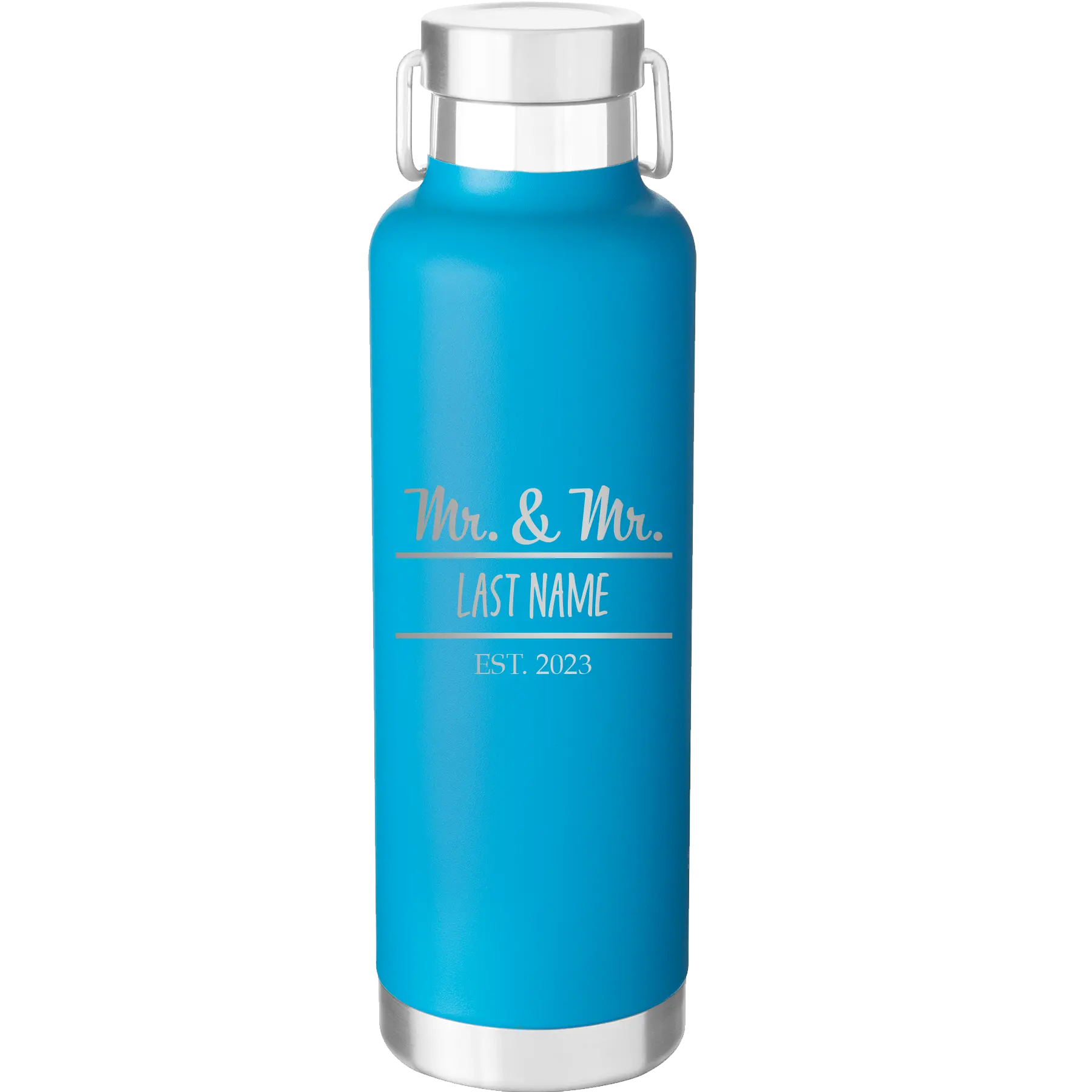 Personalized aqua 24 oz vacuum insulated water bottle with 'Mr and Mr' design