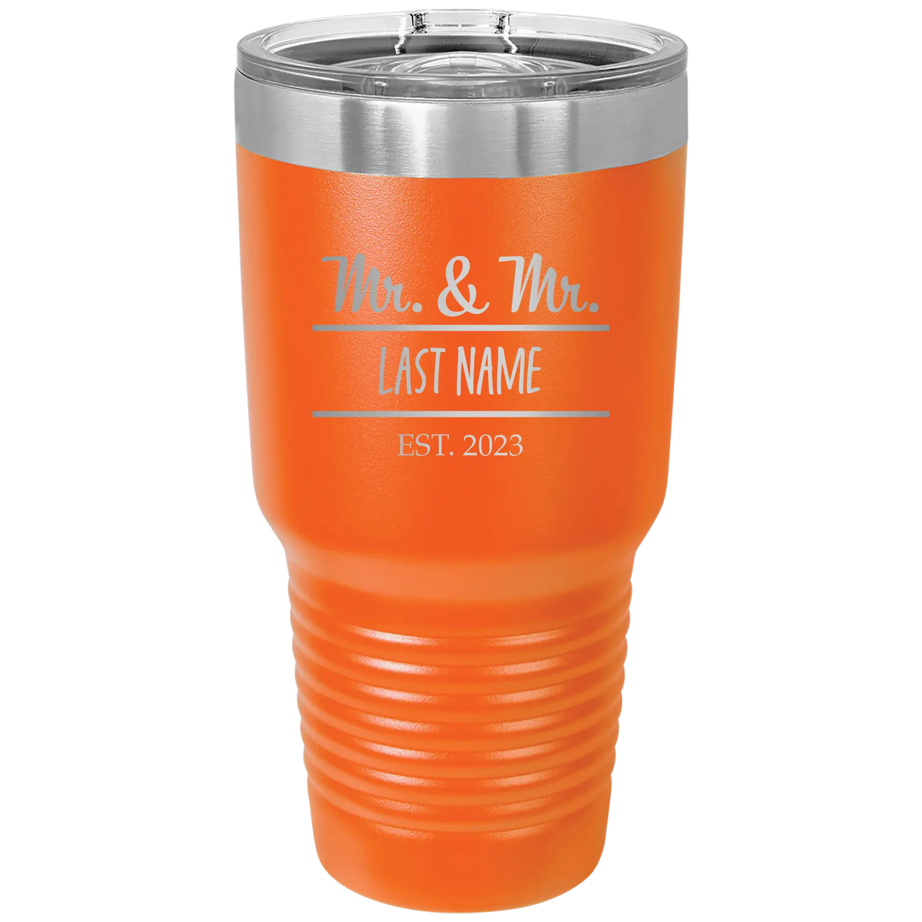 Personalized orange 30 oz vacuum insulated tumbler with 'Mr and Mr' design
