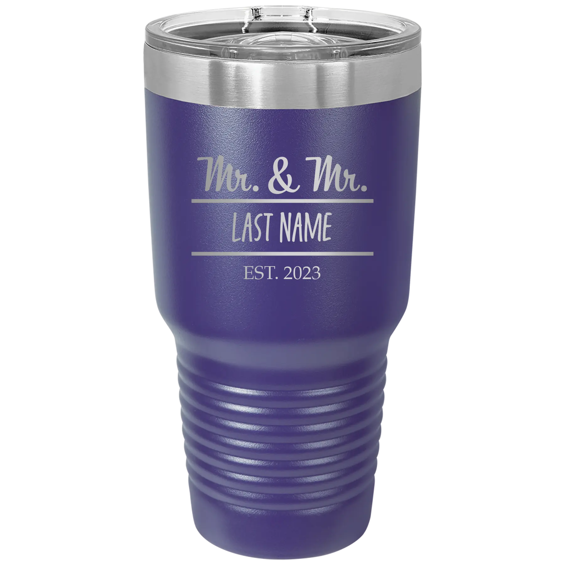 Personalized purple 30 oz vacuum insulated tumbler with 'Mr and Mr' design