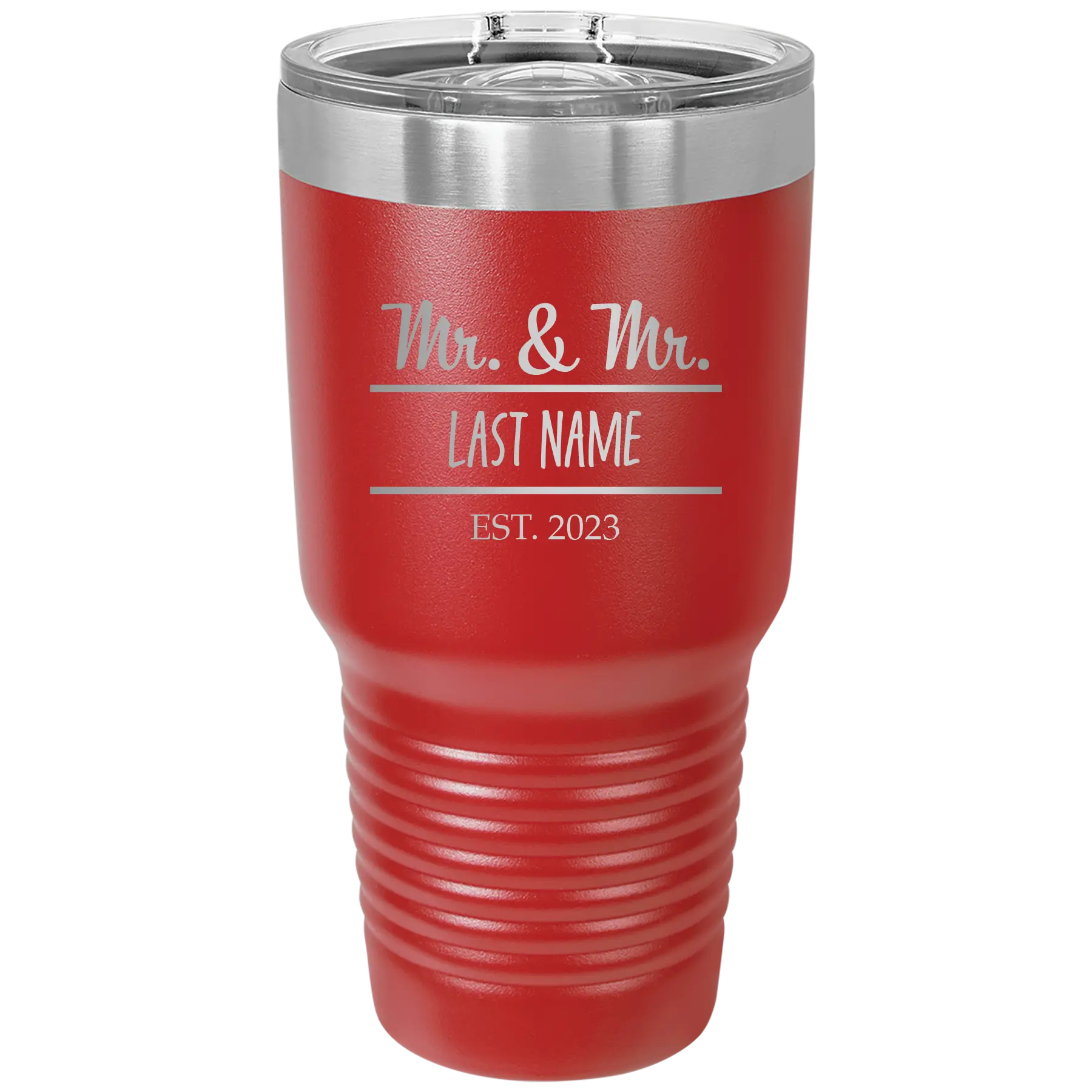 Personalized red 30 oz vacuum insulated tumbler with 'Mr and Mr' design