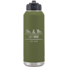 Personalized olive green 32 oz vacuum insulated water bottle with 'Mr and Mr' design