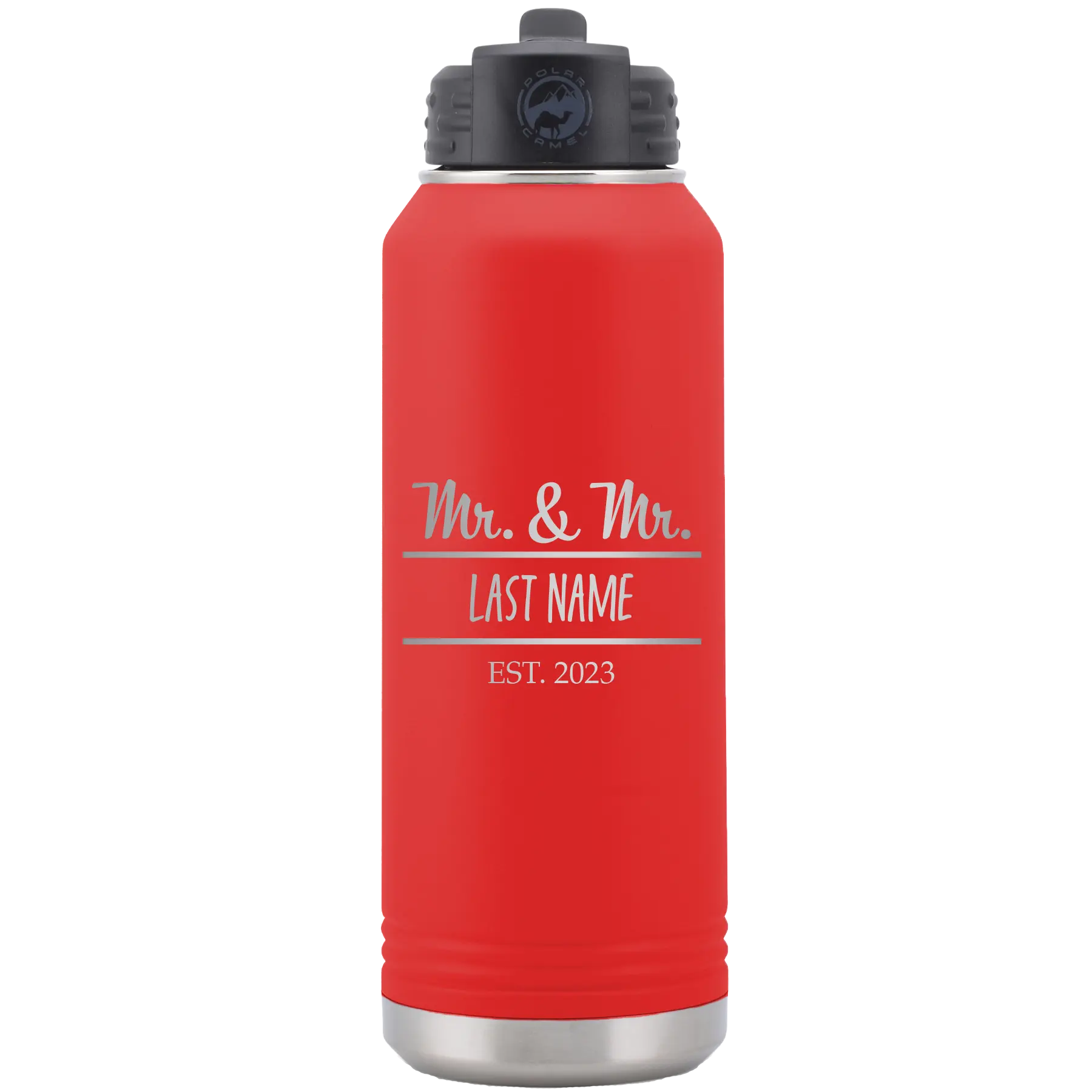 Personalized red 32 oz vacuum insulated water bottle with 'Mr and Mr' design