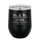 Personalized black 12 oz vacuum insulated wine cup with 'Mr and Mr' design