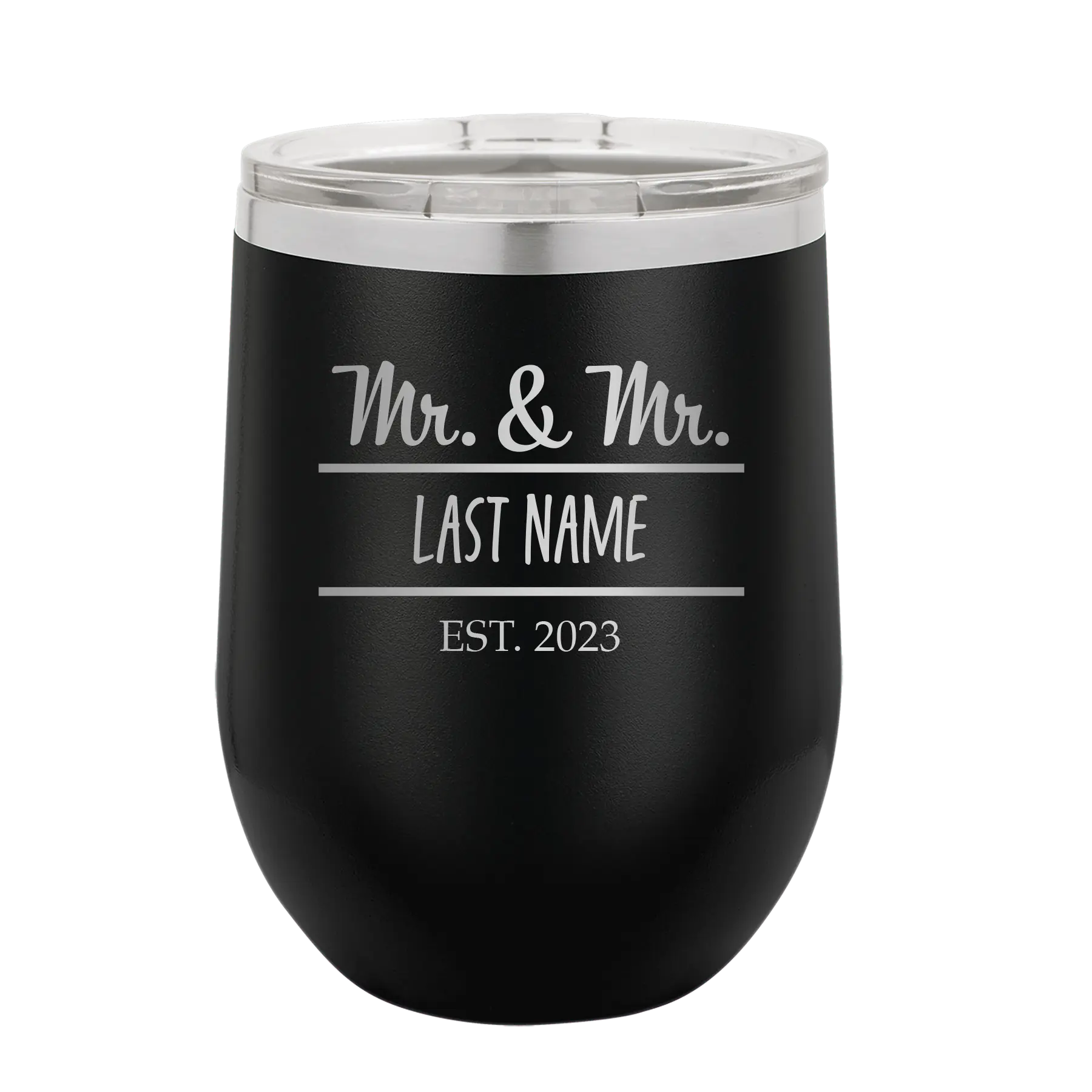 Personalized black 12 oz vacuum insulated wine cup with 'Mr and Mr' design