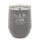 Personalized dark gray 12 oz vacuum insulated wine cup with 'Mr and Mr' design