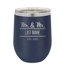 Personalized navy 12 oz vacuum insulated wine cup with 'Mr and Mr' design
