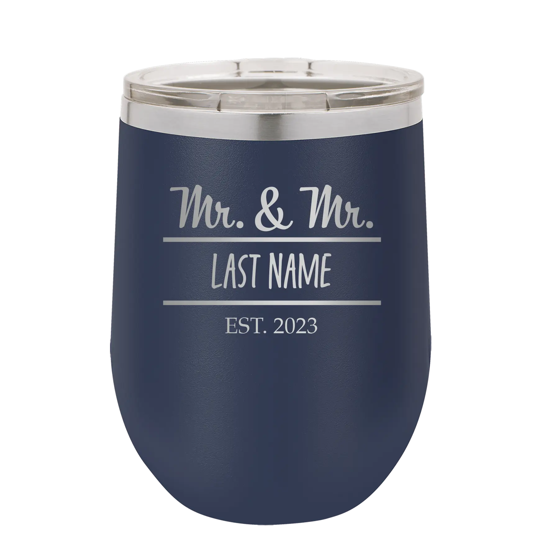 Personalized navy 12 oz vacuum insulated wine cup with 'Mr and Mr' design