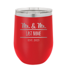 Personalized red 12 oz vacuum insulated wine cup with 'Mr and Mr' design