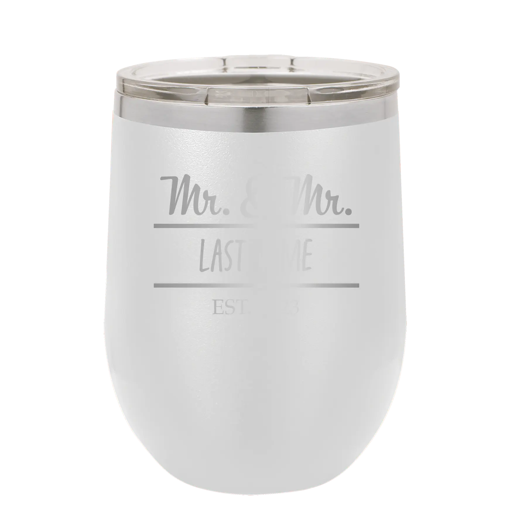 Personalized white 12 oz vacuum insulated wine cup with 'Mr and Mr' design