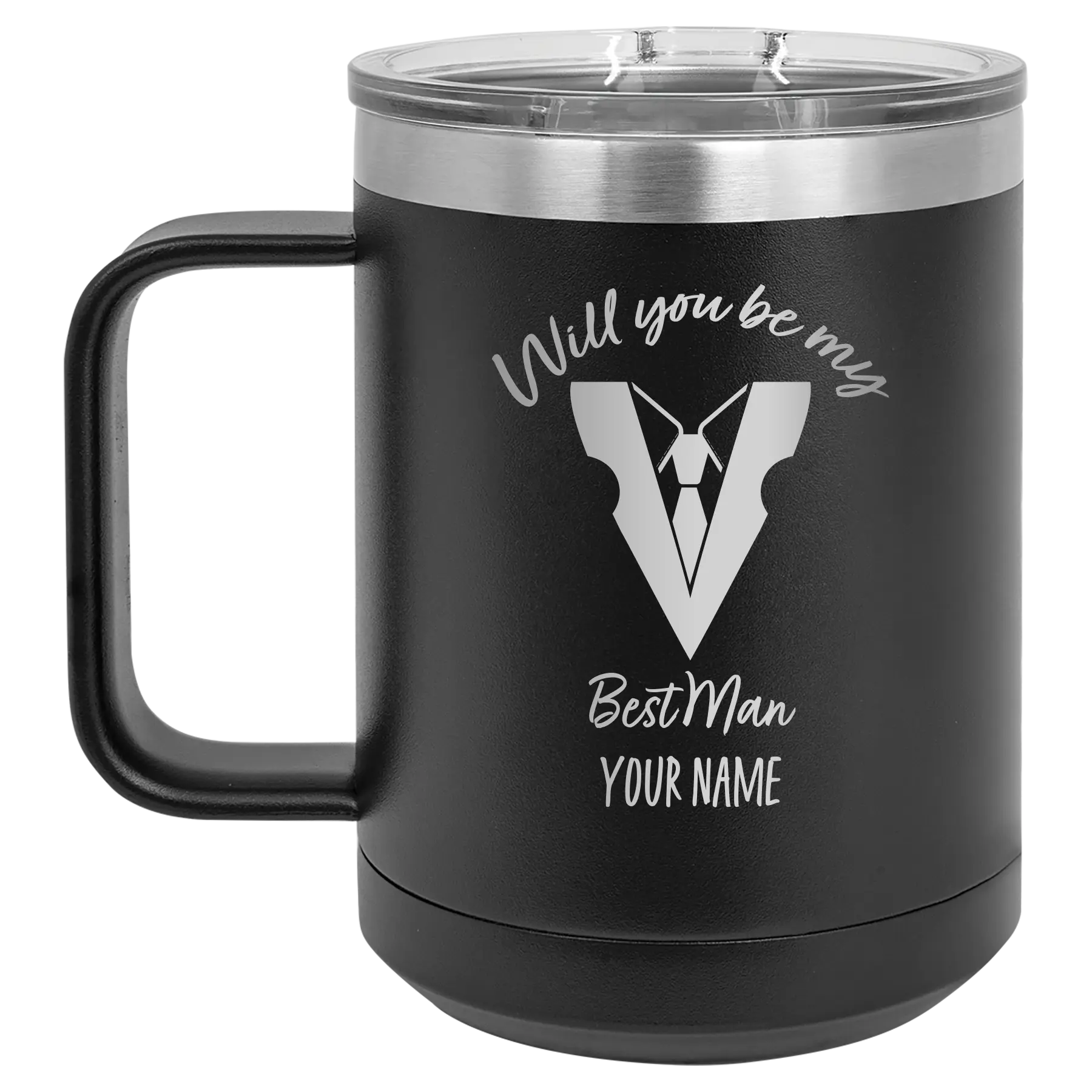 Personalized black 15 oz vacuum insulated coffee mug with 'Will You Be Best Man' design