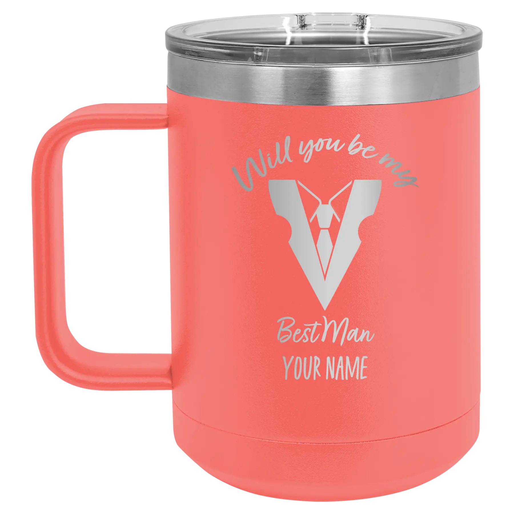 Personalized coral 15 oz vacuum insulated coffee mug with 'Will You Be Best Man' design