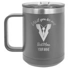 Personalized dark gray 15 oz vacuum insulated coffee mug with 'Will You Be Best Man' design