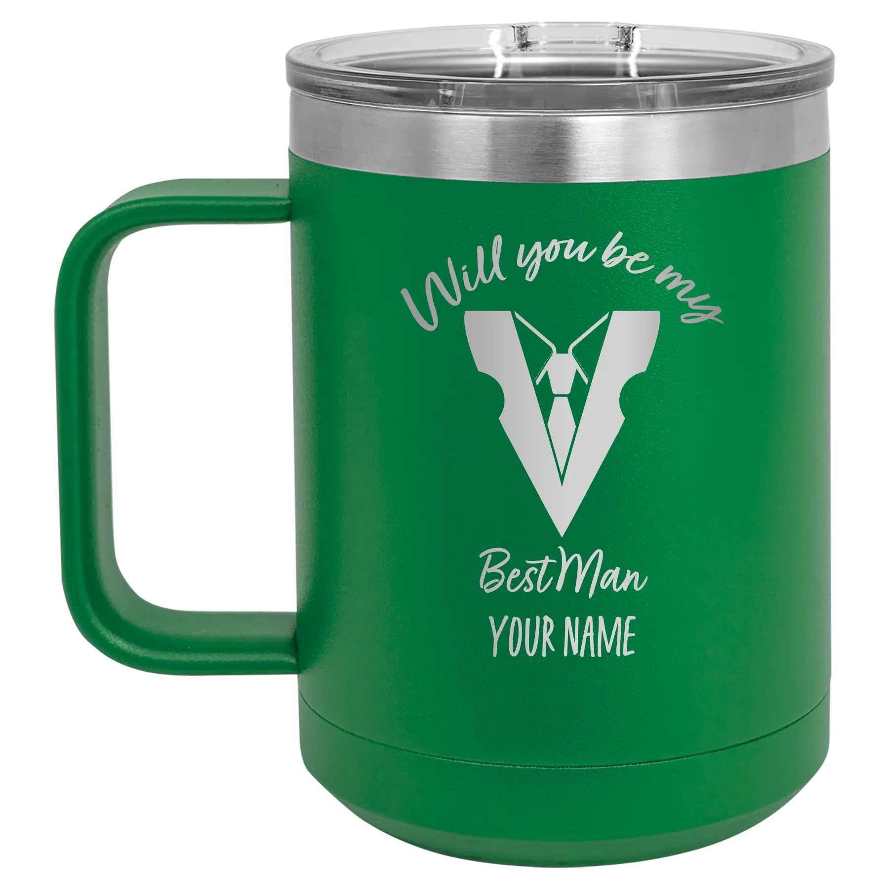 Personalized green 15 oz vacuum insulated coffee mug with 'Will You Be Best Man' design