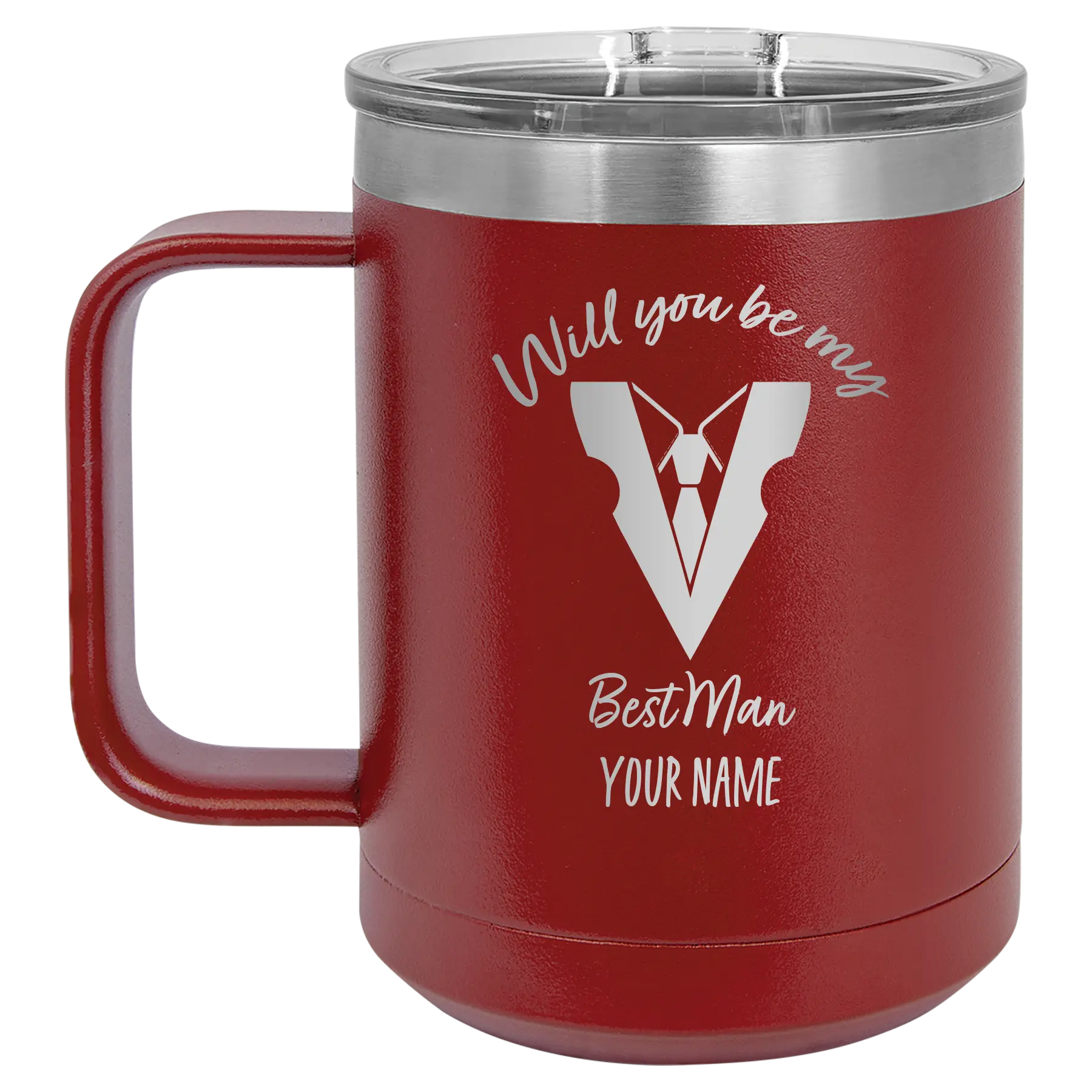 Personalized maroon 15 oz vacuum insulated coffee mug with 'Will You Be Best Man' design