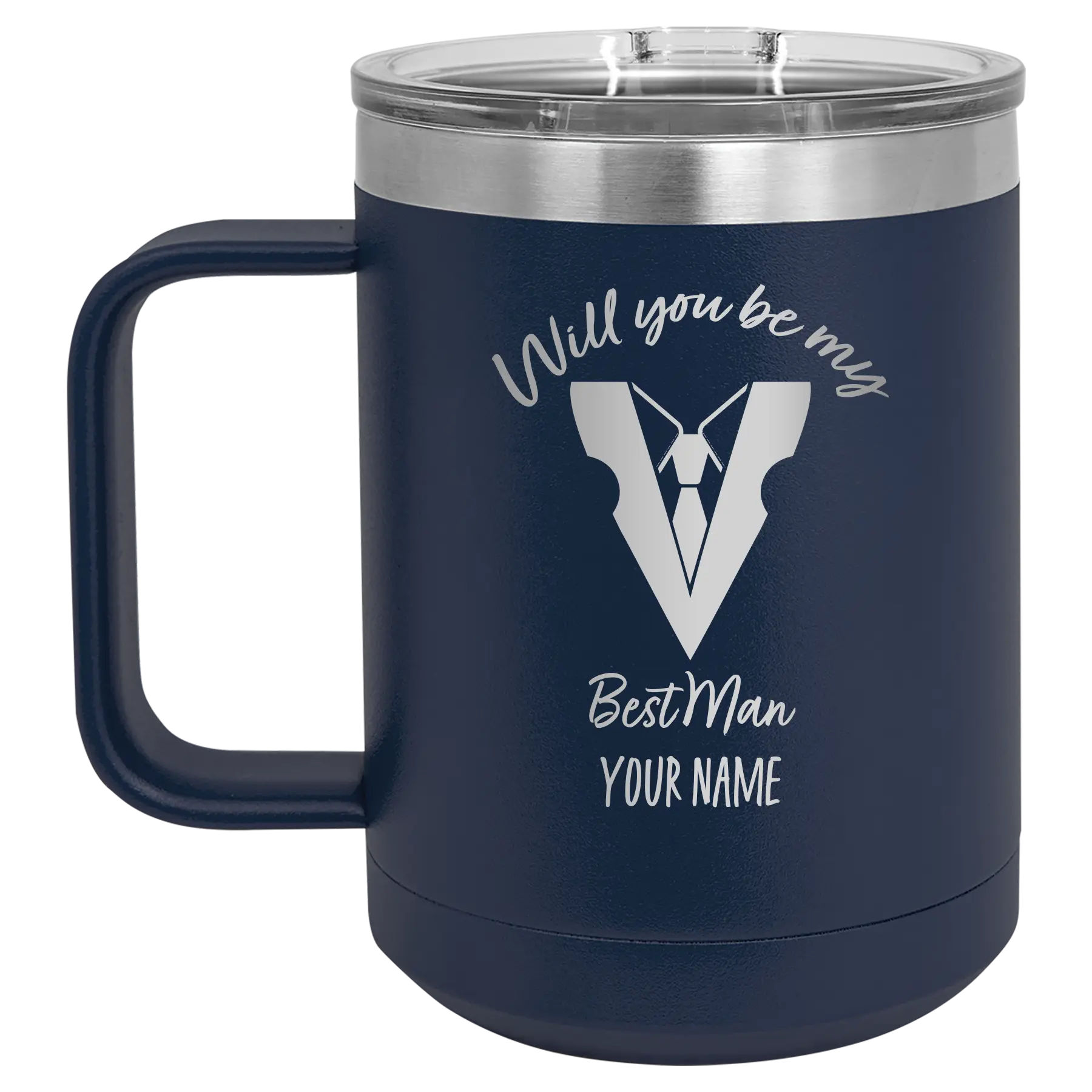 Personalized navy 15 oz vacuum insulated coffee mug with 'Will You Be Best Man' design