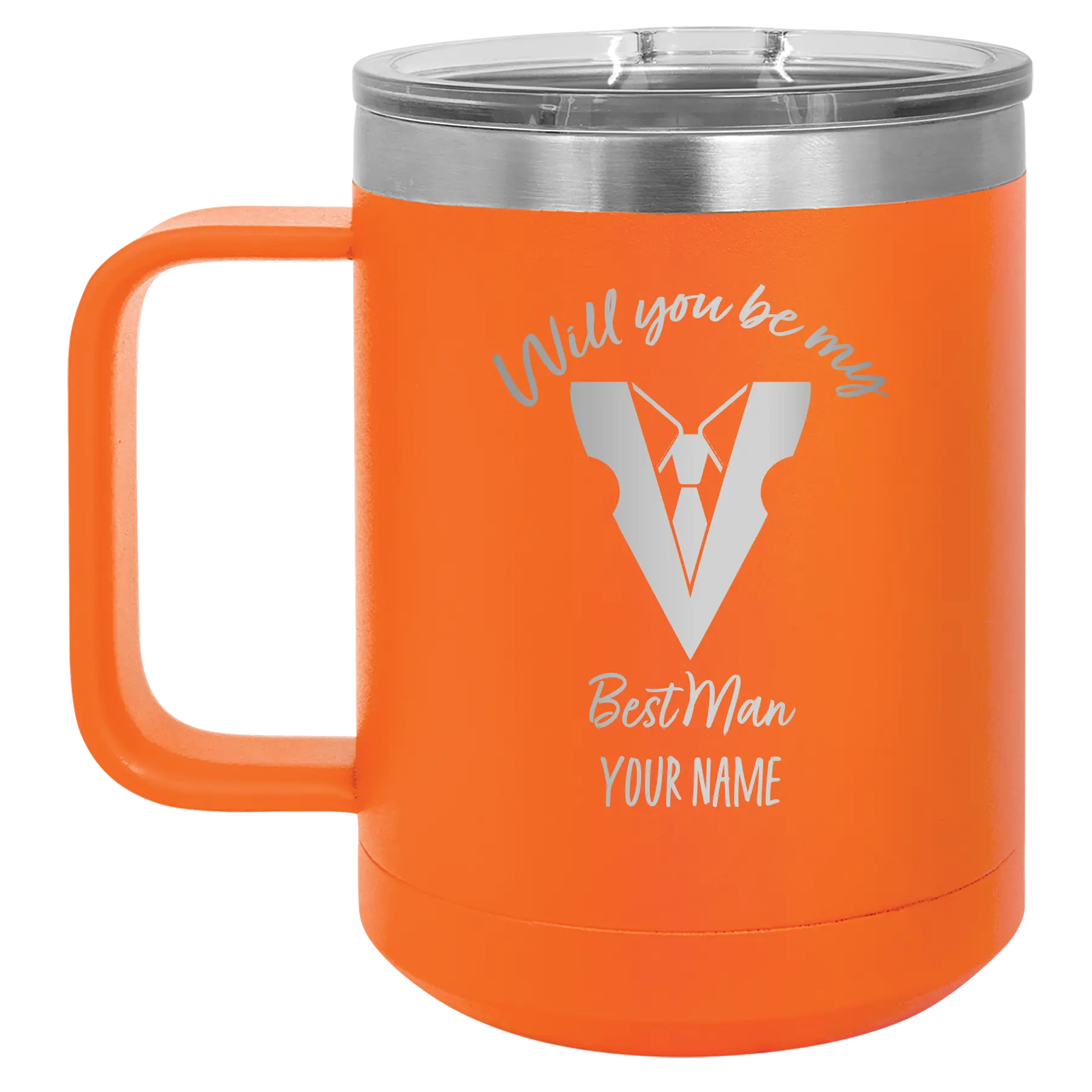 Personalized orange 15 oz vacuum insulated coffee mug with 'Will You Be Best Man' design