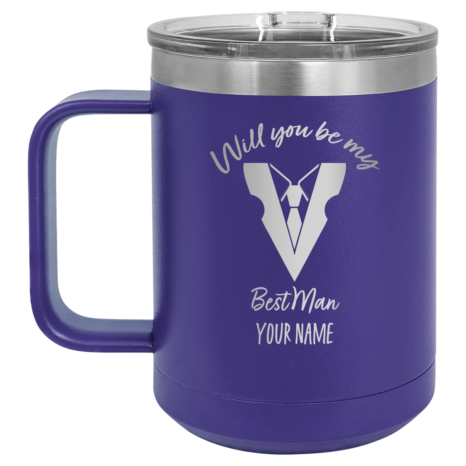 Personalized purple 15 oz vacuum insulated coffee mug with 'Will You Be Best Man' design