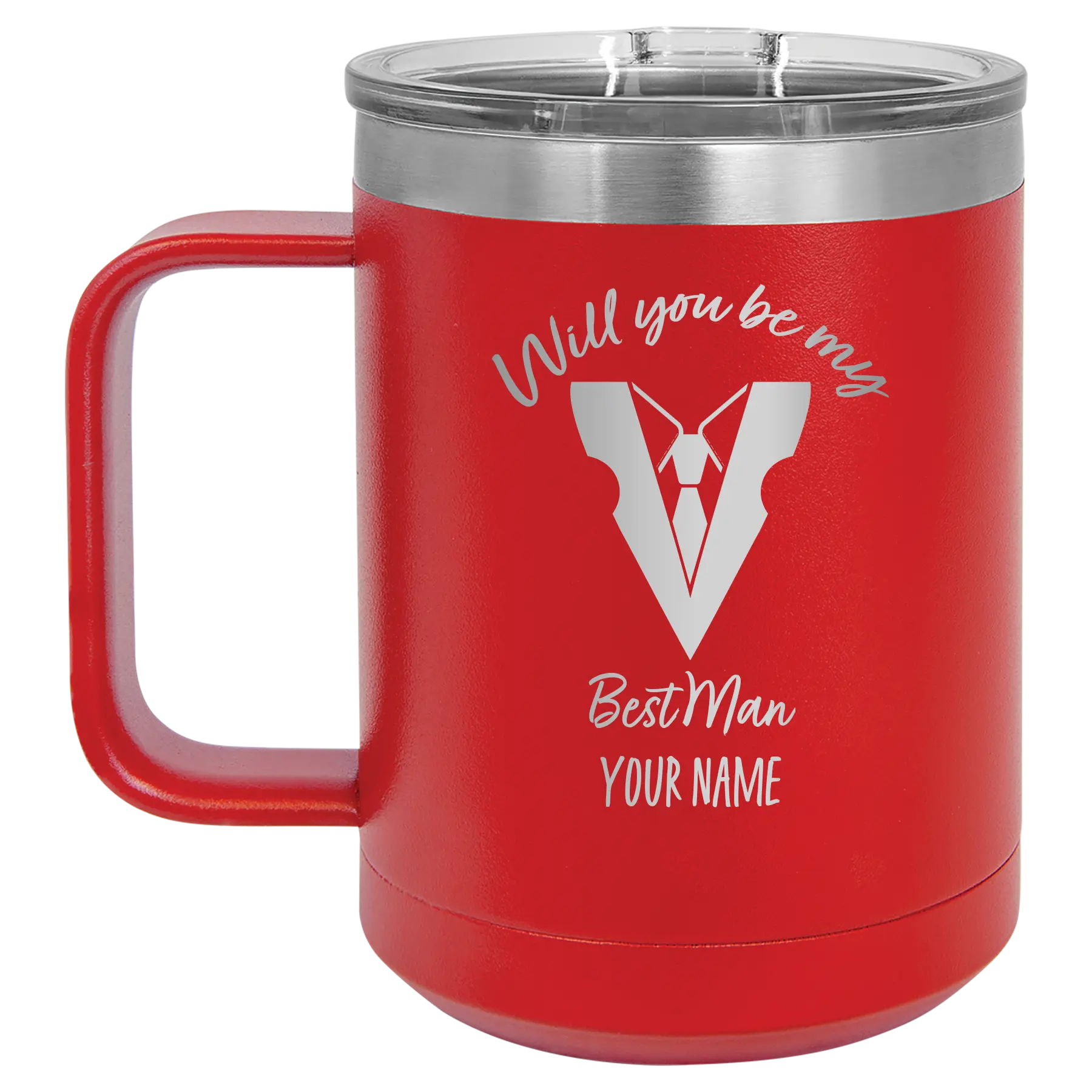 Personalized red 15 oz vacuum insulated coffee mug with 'Will You Be Best Man' design