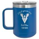 Personalized royal blue 15 oz vacuum insulated coffee mug with 'Will You Be Best Man' design