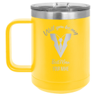 Personalized yellow 15 oz vacuum insulated coffee mug with 'Will You Be Best Man' design