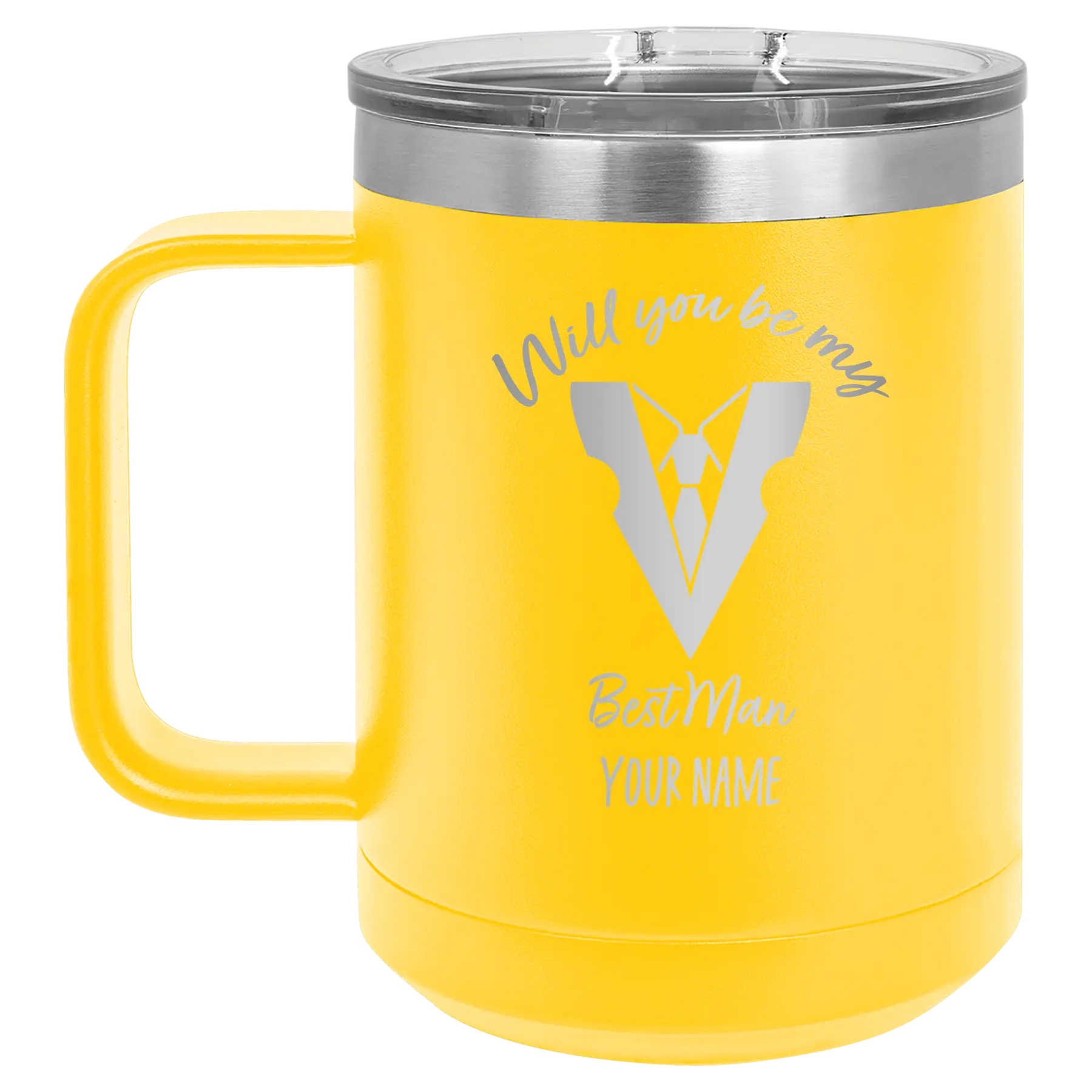 Personalized yellow 15 oz vacuum insulated coffee mug with 'Will You Be Best Man' design
