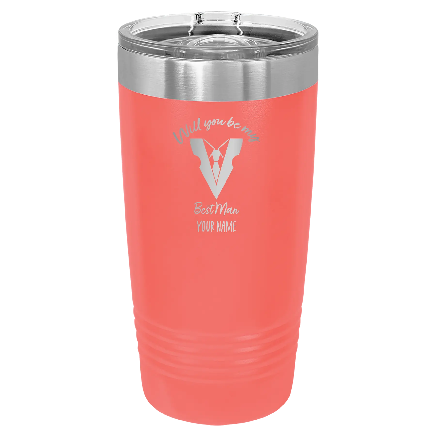 Personalized coral 20 oz vacuum insulated tumbler with 'Will You Be Best Man' design