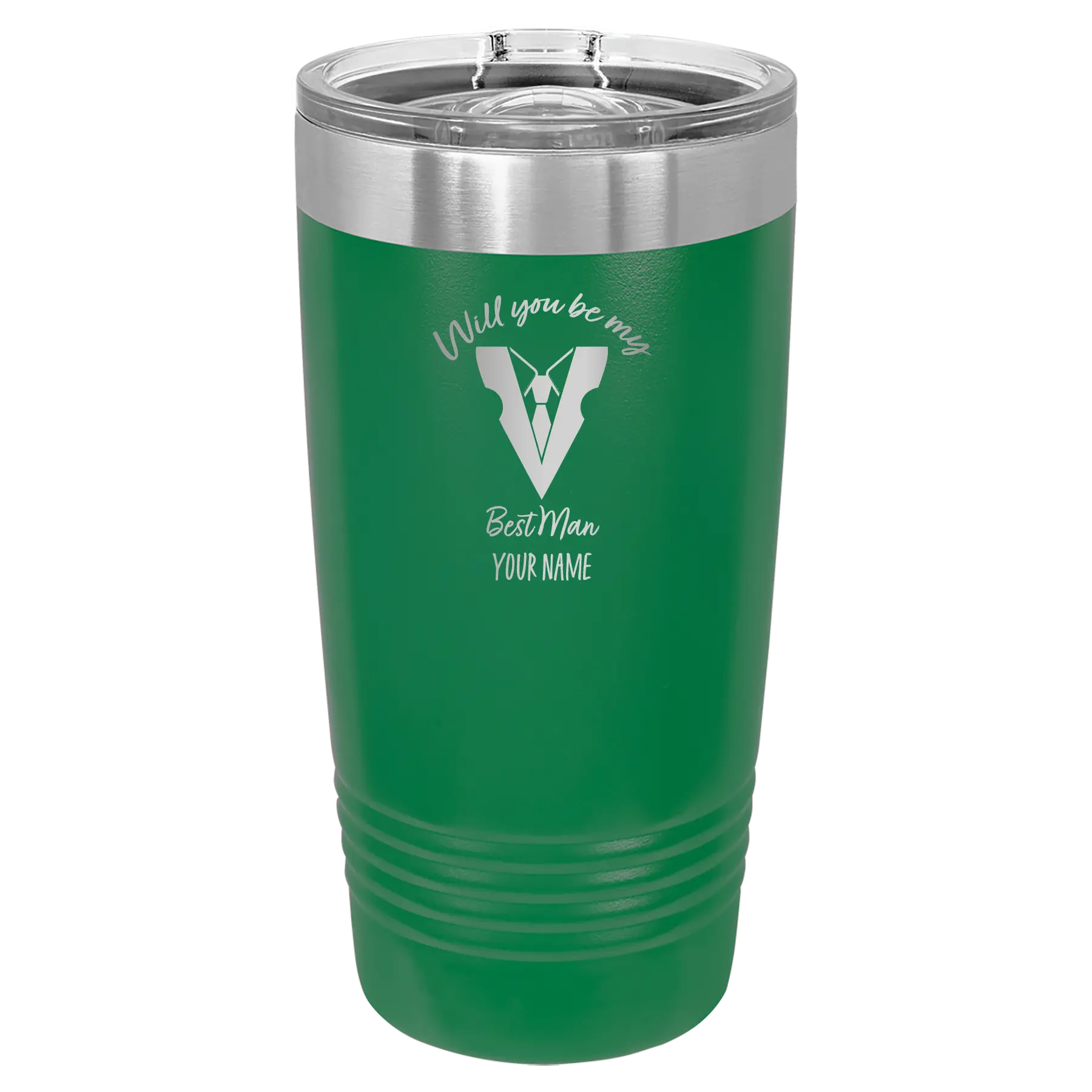 Personalized green 20 oz vacuum insulated tumbler with 'Will You Be Best Man' design
