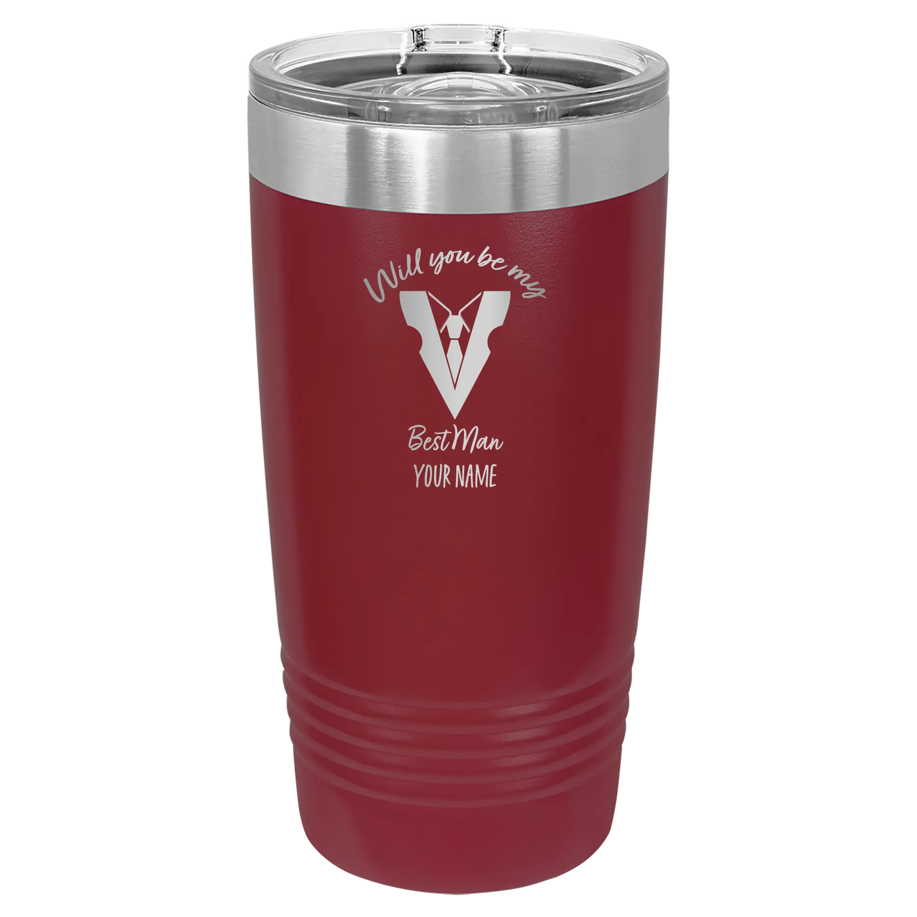 Personalized maroon 20 oz vacuum insulated tumbler with 'Will You Be Best Man' design