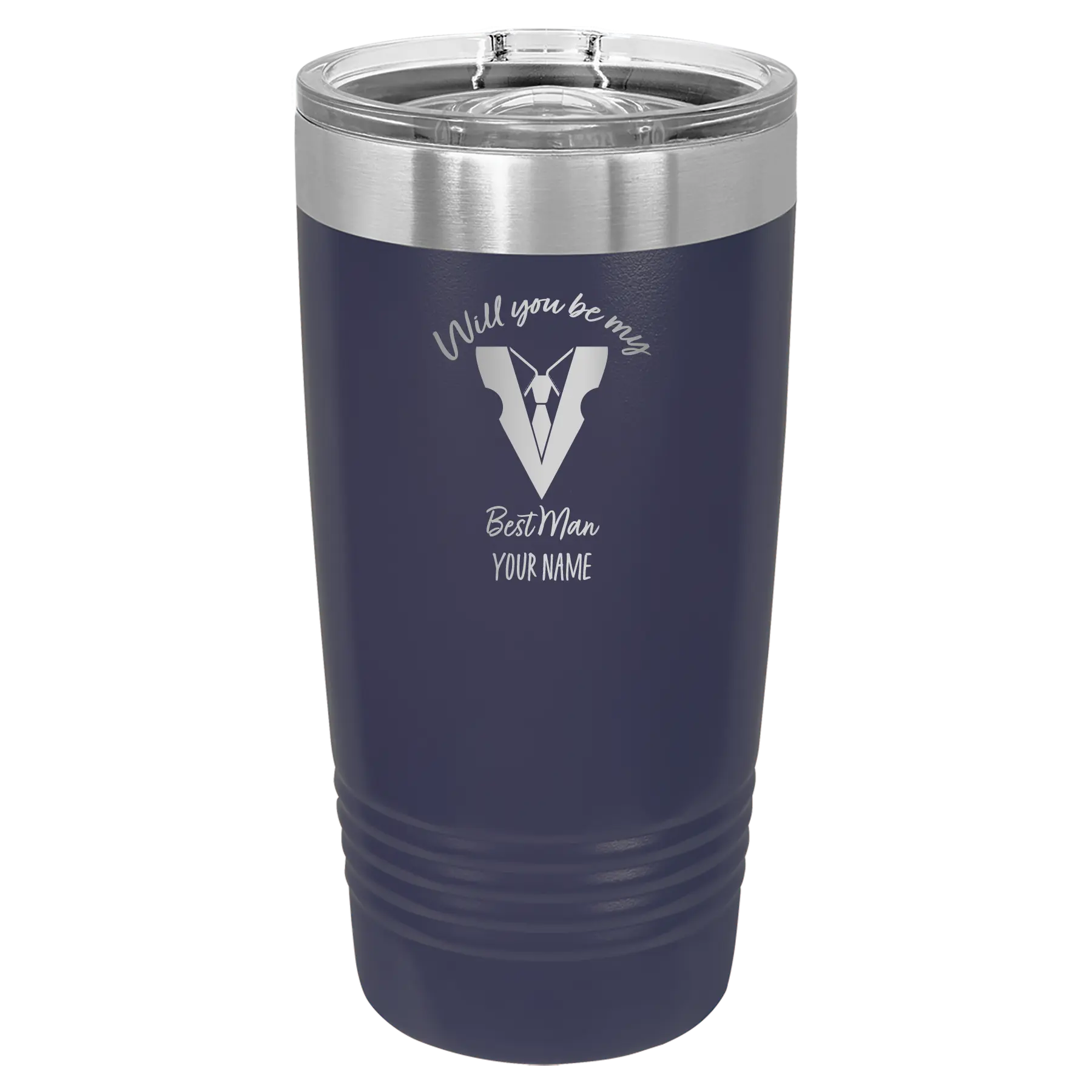 Personalized navy 20 oz vacuum insulated tumbler with 'Will You Be Best Man' design