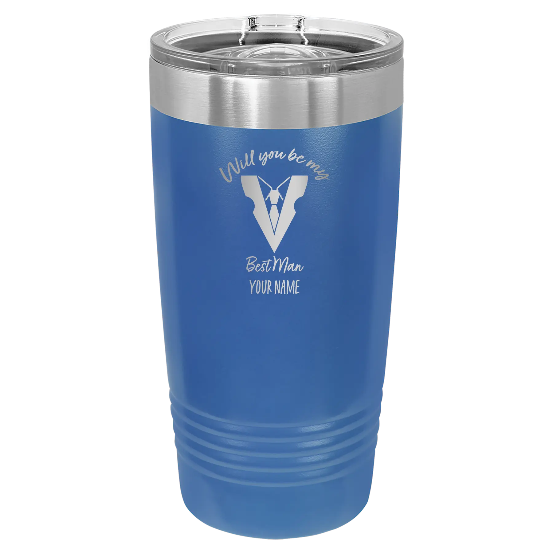 Personalized royal blue 20 oz vacuum insulated tumbler with 'Will You Be Best Man' design